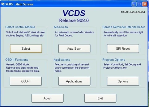 Pantalla principal del software VCDS versión 908.0 para diagnóstico automotriz OBD-II en vehículos del Grupo VAG