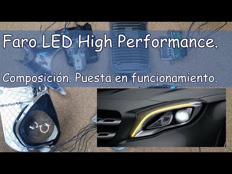 Faro LED High Performance de Mercedes-Benz desmontado, con ópticas, electrónica y funcionamiento encendido.