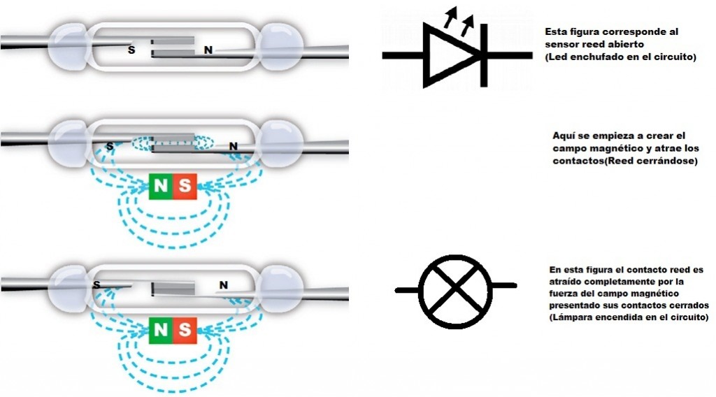distintas posiciones del contacto reed en su funcionamiento del circuito