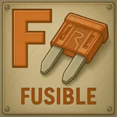 Letra F junto a un fusible automotriz tipo mini naranja, componente de protección eléctrica.