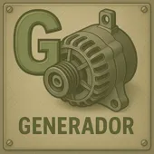 G diccionario del automovil Letra G junto a un generador o alternador automotriz, componente clave del sistema de carga.