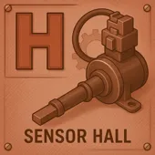 H diccionario del automovil Letra H junto a un sensor Hall automotriz, usado para detectar posición y velocidad.