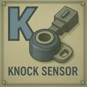 K diccionario del automovil Letra K junto a un sensor de detonación automotriz, clave en la gestión electrónica del motor.