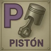Letra P junto a un pistón, elemento mecánico esencial en motores de combustión interna.