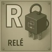Letra R junto a un relé automotriz, interruptor eléctrico controlado por corriente.
