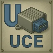 U diccionario del automovil Letra U con una UCE, unidad de control electrónico del motor en sistemas automotrices.