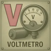 Letra V junto a un voltímetro, instrumento para medir voltaje en sistemas eléctricos del vehículo.