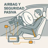 Ilustración técnica del sistema de airbag y seguridad pasiva del automóvil, mostrando sensores de impacto, unidad de control y despliegue del airbag del conductor.