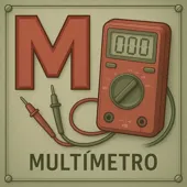 M diccionario del automovil Letra M junto a un multímetro digital, herramienta esencial en diagnóstico eléctrico automotriz.