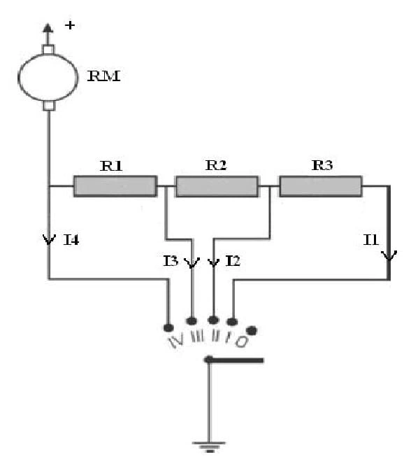 Diagrama de control de velocidad de motor DC mediante resistencias en serie con selector rotativo