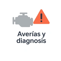 Icono de averías y diagnosis con símbolo de motor y triángulo de advertencia.