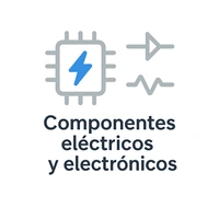 Icono de componentes eléctricos y electrónicos con un microchip, un símbolo de diodo y una resistencia.