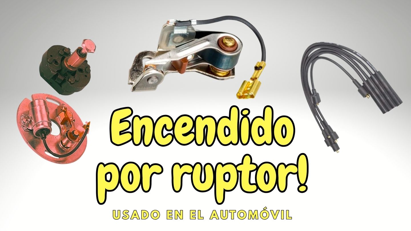 Sistema de encendido por ruptor del automóvil con platinos y cables de alta tensión, utilizado para interrumpir la corriente primaria y generar la chispa en las bujías.