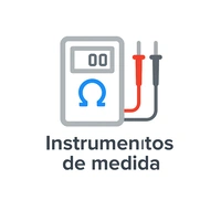 Icono de instrumentos de medida con un multímetro y puntas de prueba roja y negra.