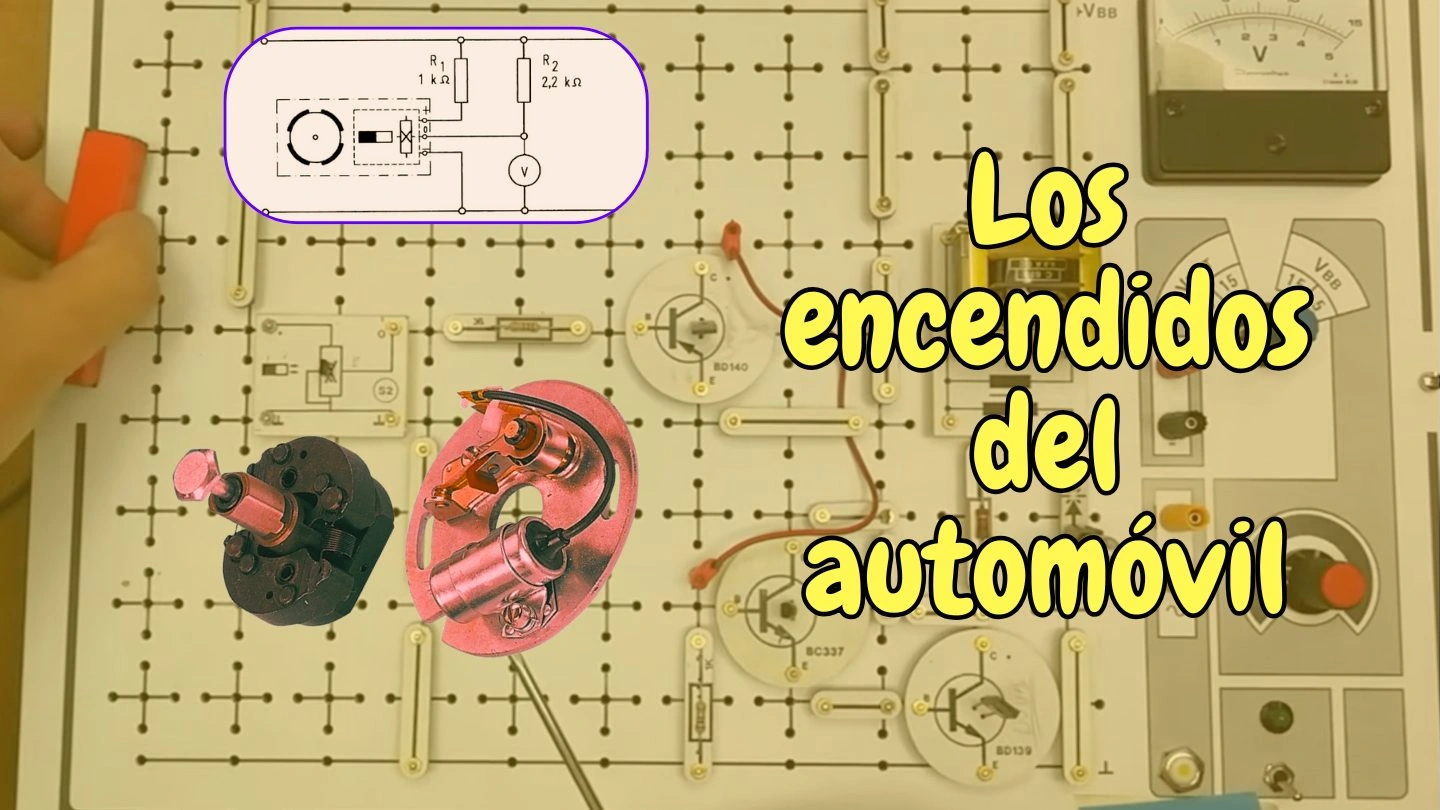 Tipos de encendido del automóvil representados en un panel didáctico con componentes reales y esquema eléctrico, mostrando la evolución desde sistemas mecánicos hasta encendidos electrónicos modernos.