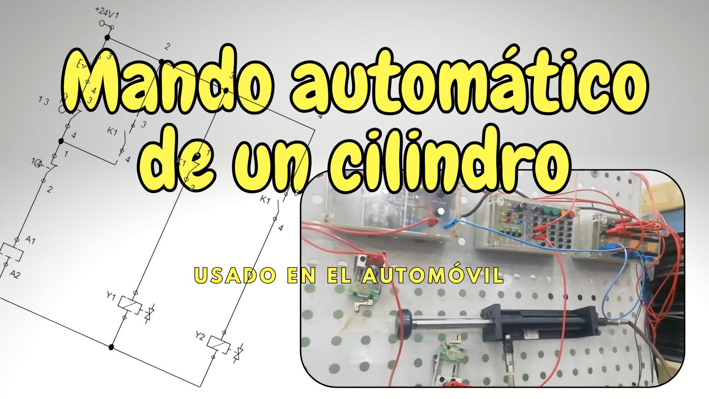 Sistema de mando automático de un cilindro con esquema eléctrico de control y montaje real en panel de prácticas para actuadores neumáticos controlados eléctricamente.