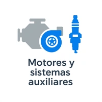 Icono de motores y sistemas auxiliares con un motor, un turbo azul y una bujía azul.