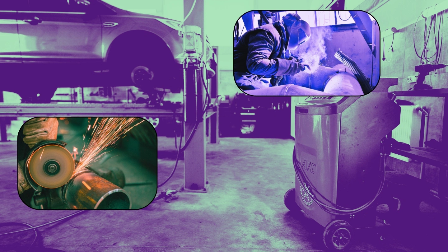 Principales riesgos en electromecánica automotriz: trabajos de soldadura, corte con radial y operaciones de taller que requieren el uso de equipos de protección individual para prevenir accidentes laborales.