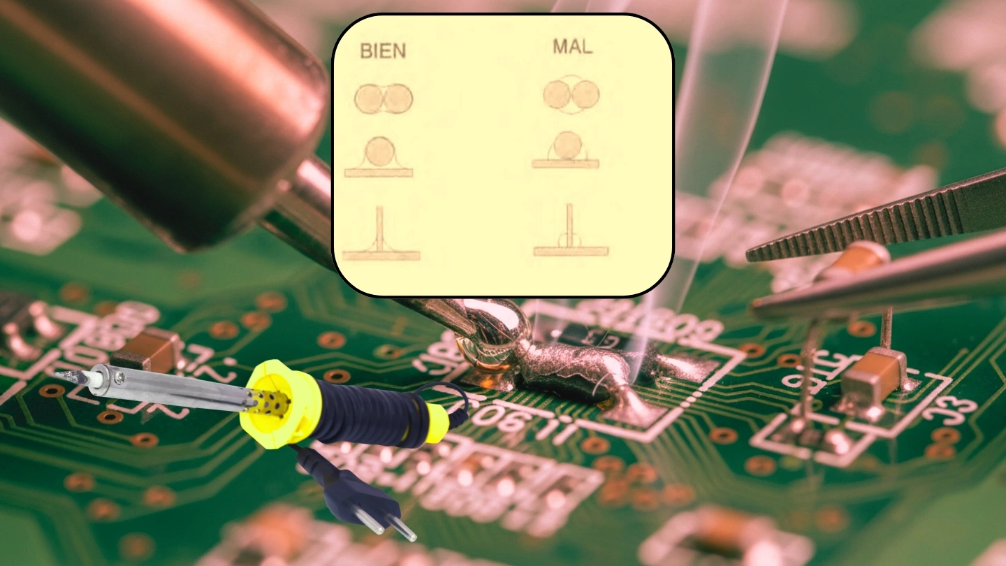 Proceso de soldadura blanda en electrónica del automóvil sobre una placa de circuito impreso (PCB), mostrando el uso del soldador eléctrico, estaño y ejemplos de soldadura correcta y defectuosa.