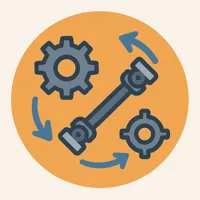 Icono técnico de transmisiones de fuerzas del automóvil, con engranajes, árbol de transmisión y flechas que representan el flujo de par motor.