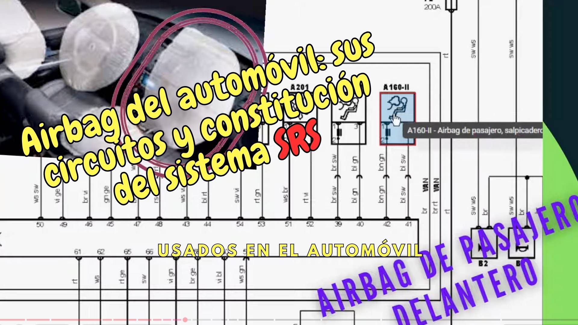 Esquema del sistema de airbag SRS: módulo de airbag frontal, conexiones eléctricas y ubicación en tablero