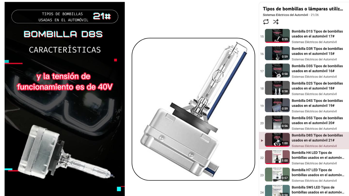 Bombilla automotriz de xenón tipo D8S con lista de reproducción de videos técnicos sobre iluminación vehicular