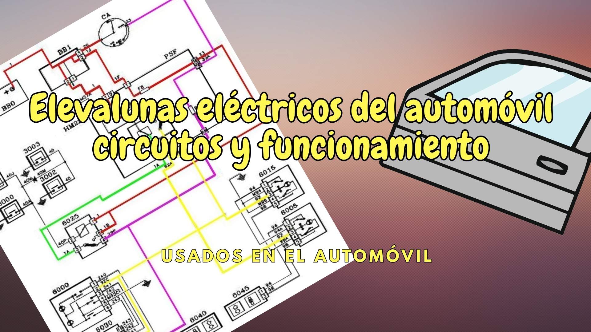 Esquema del circuito eléctrico de elevalunas con relés, fusibles, motor e interruptores. Sistema usado en autos modernos.