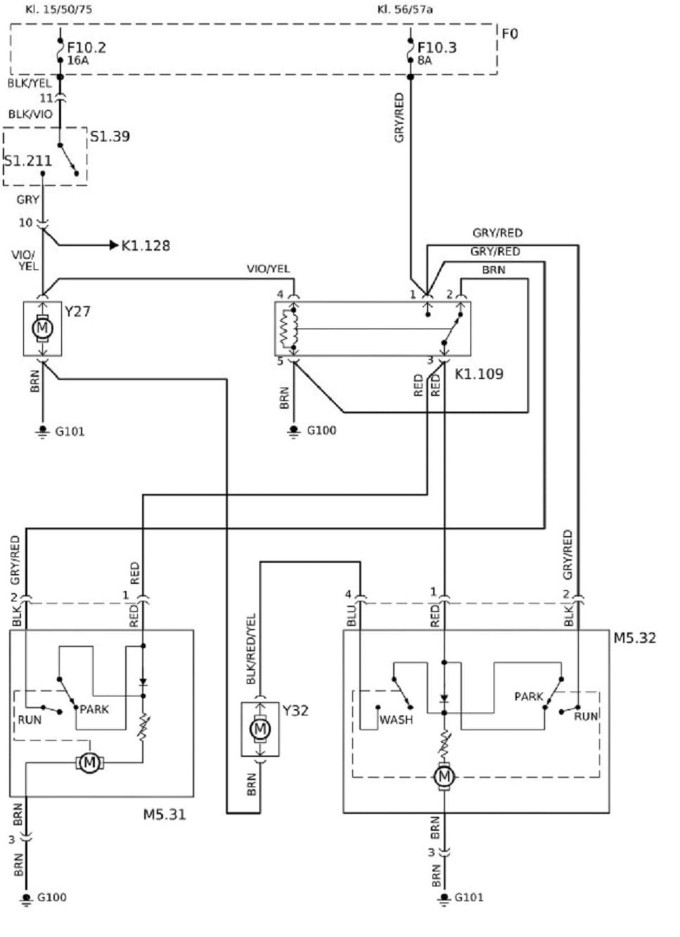 Diagrama eléctrico de limpiaparabrisas y sistema lavafaros en Mercedes-Benz con relés, motores, interruptores y conexiones a masa