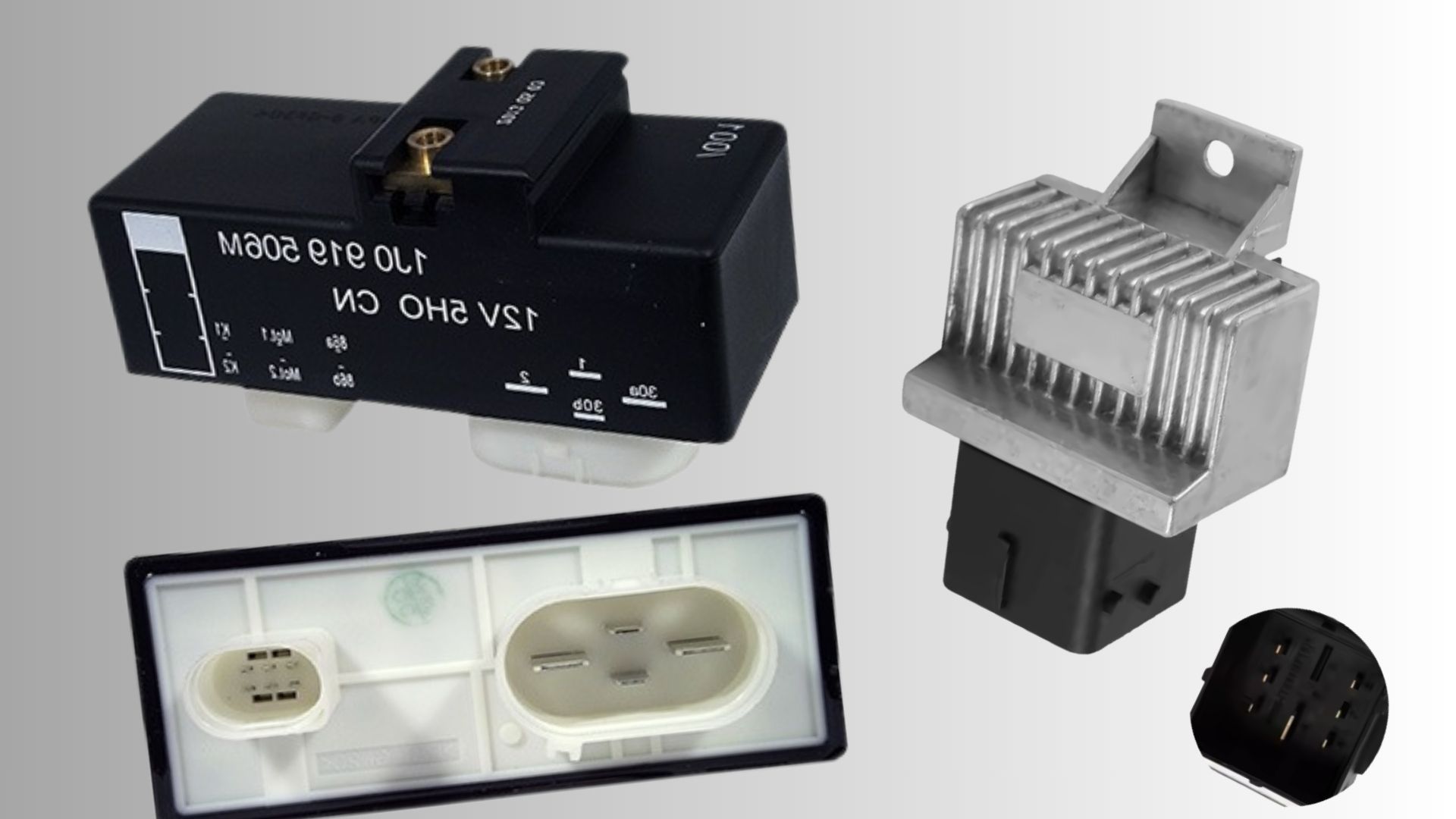 Relé de precalentamiento clásico y relé de estado sólido utilizados en motores diésel para controlar las bujías incandescentes durante el arranque en frío