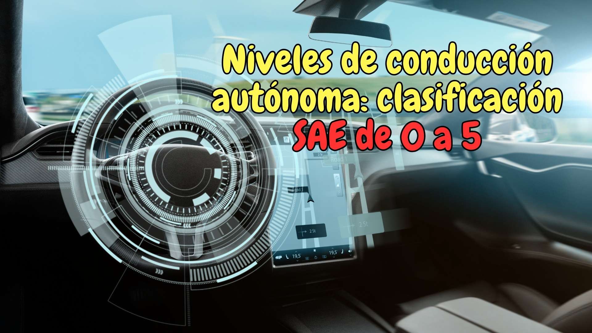 Gráfica con los niveles de conducción autónoma SAE del 0 al 5 sobre el interior de un vehículo moderno