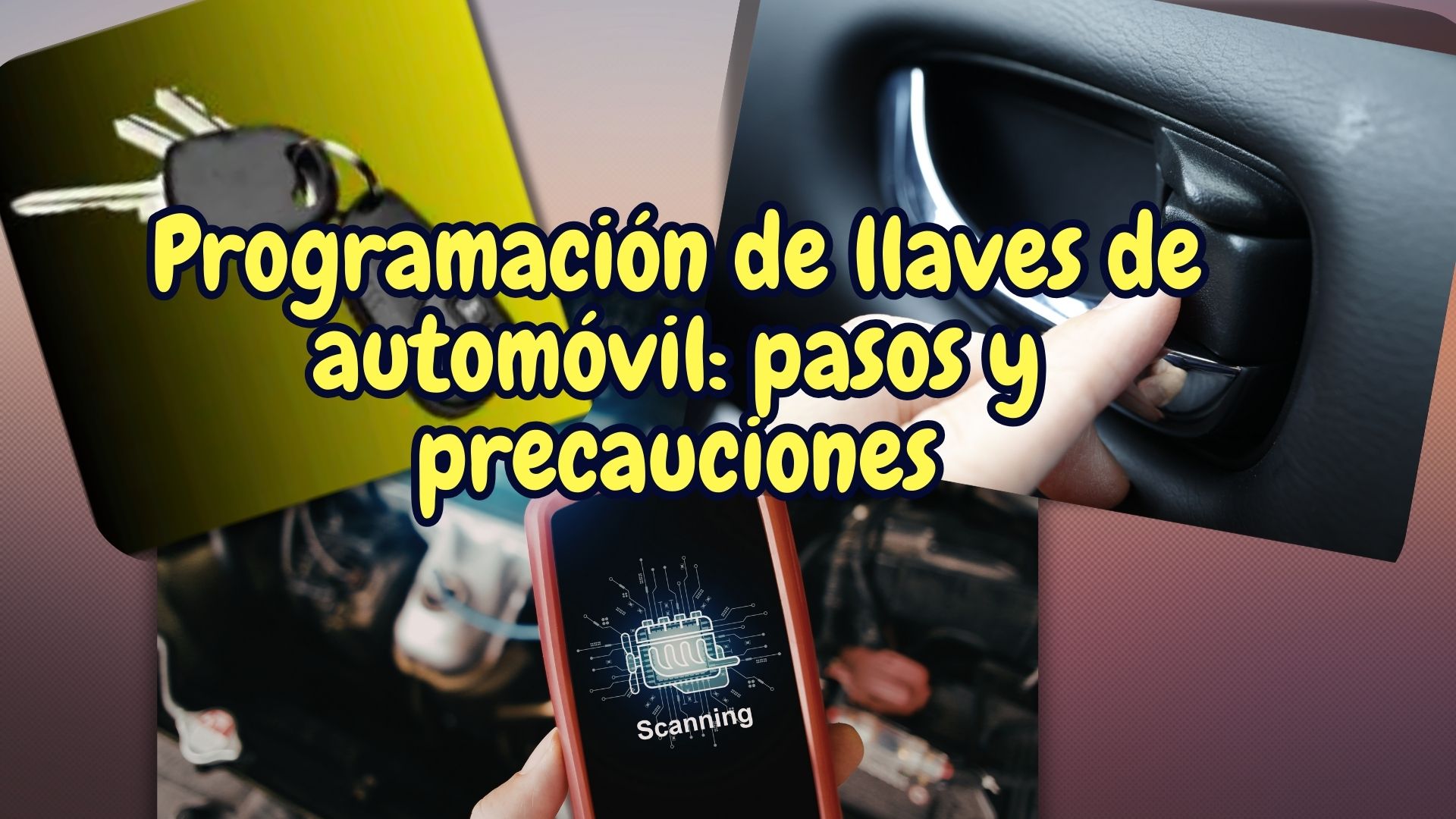 Llave de coche, escáner de diagnóstico y cerradura en proceso de programación