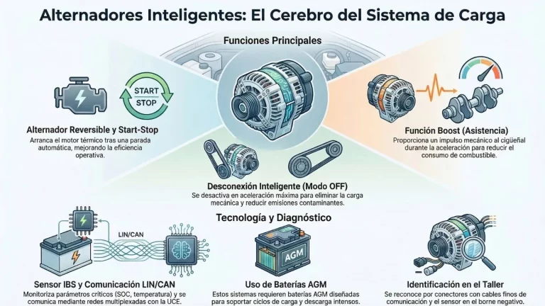 Infografía sistema de carga con alternador inteligente Infografía del sistema de carga del automóvil con alternador inteligente, sensor IBS, batería AGM y comunicación LIN CAN