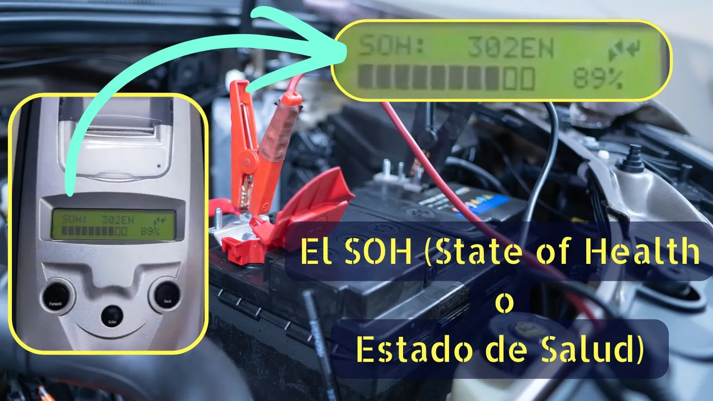 Comprobación del estado de salud (SOH) de una batería de coche con tester Diagnóstico del estado de salud de una batería de coche con tester mostrando un SOH del 89 %