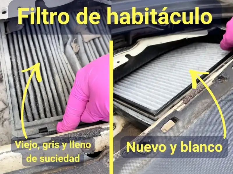 Paso 6: filtro de habitáculo sucio vs nuevo y su impacto en el flujo de aire acondicionado del coche