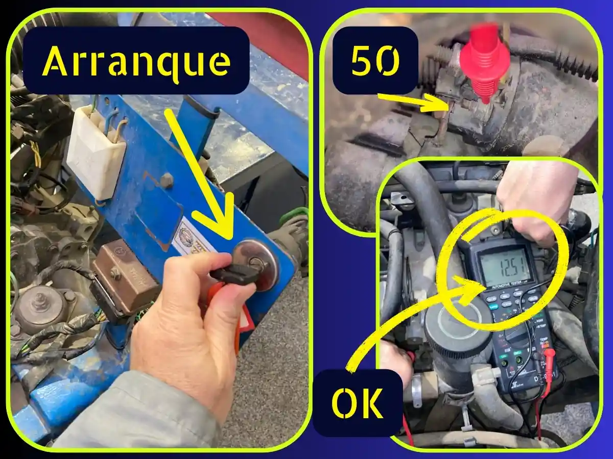 Medición de tensión en el terminal 50 del motor de arranque con multímetro