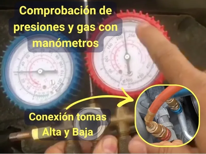 Paso 5: verificación de presiones con manómetros en alta y baja del aire acondicionado del coche