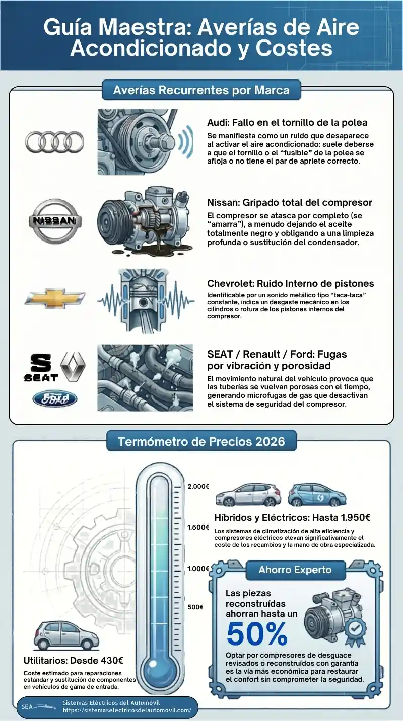 Infografía de averías del compresor de aire acondicionado del coche con precios y diagnóstico en 2026