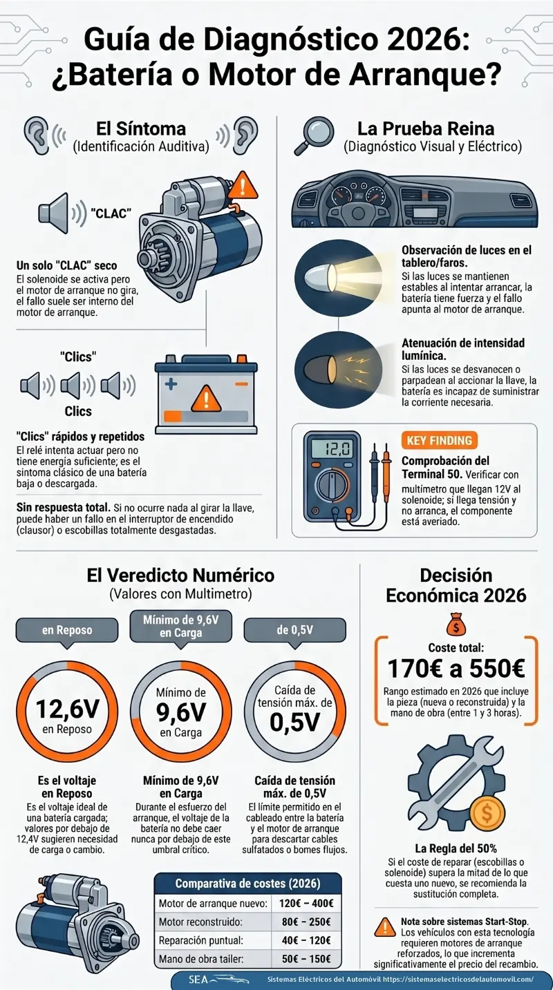 Infografía del motor de arranque del coche con fallos, comprobaciones y precio orientativo