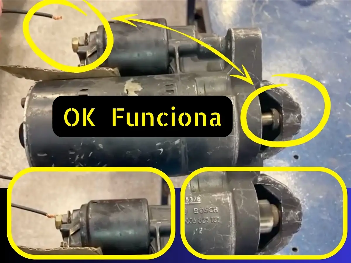 Motor de arranque sujeto en tornillo de banco comprobando funcionamiento y desplazamiento del piñón