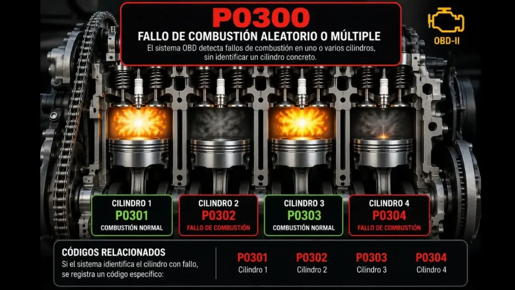 Motor gasolina de cuatro cilindros mostrando el código P0300 de fallo de combustión aleatorio o múltiple y la relación con los códigos P0301, P0302, P0303 y P0304 de cilindro específico.