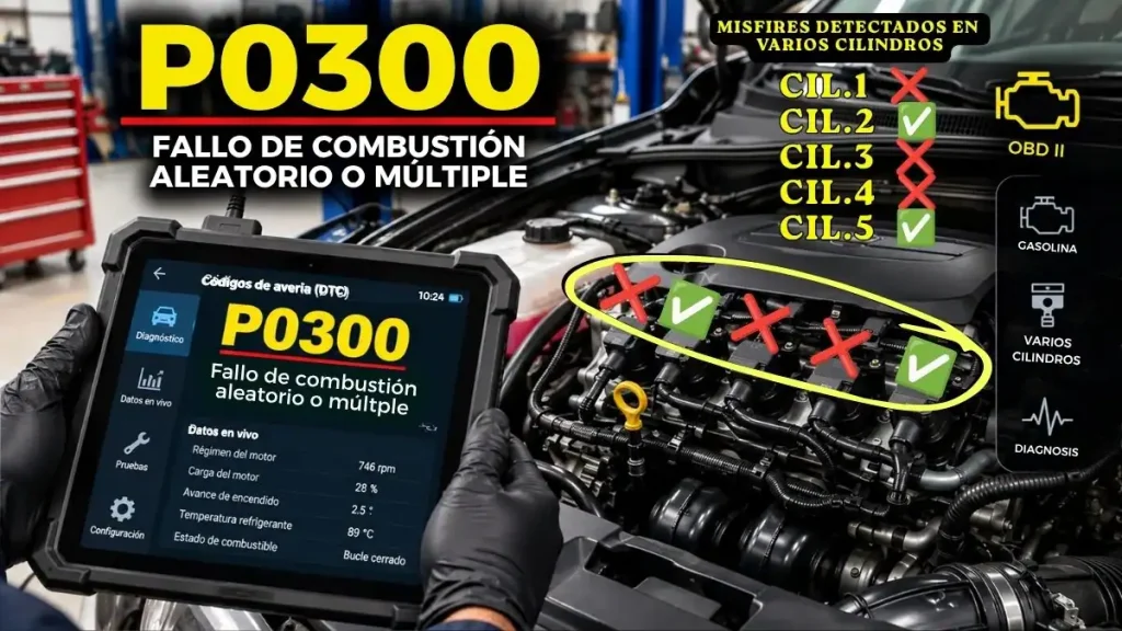 Código P0300 mostrado en un escáner OBD2 indicando fallo de combustión aleatorio o múltiple con varios cilindros afectados en un motor de gasolina.