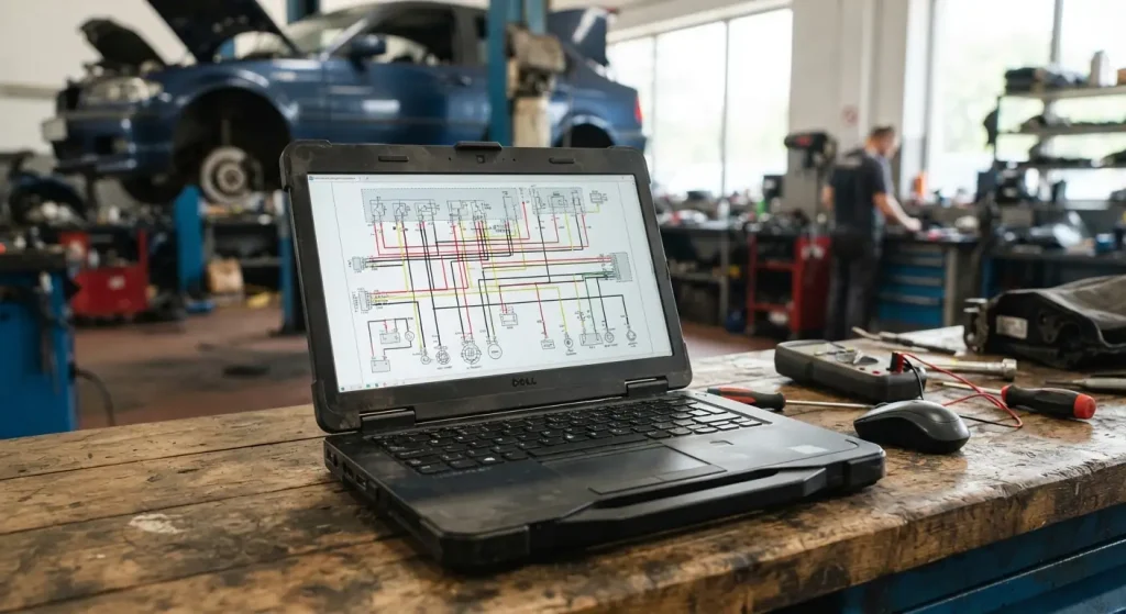 Ordenador portátil mostrando un esquema eléctrico del automóvil en un taller mecánico